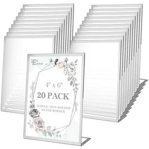 EHWINE 20 Pack Acrylic Sign Holder 4 x 6, Silver Picture Frame Stand up Table Top Sign Holders, Slanted Back Paper Holder Clear Display Stand Menu Flyer Holder for Wedding Party