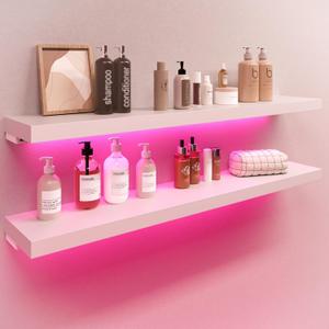 BAMEOS RGB LED Floating Shelves for Wall, 35" Wall Mounted Wooden Shelves with Invisible Brackets, Set of 2, Hanging Wall Shelves for Bedroom, Living Room, Kitchen, Study (White) (35 x 7)