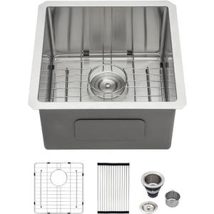 Logmey 17 Undermount Bar Sink 17x17 Small Square Handmade Kitchen Sink 16 Gauge Stainless Steel Bar Prep Sink 9 Inch Deep Kitchen Sink Single Bowl RV Sink