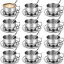 12 Pack Stainless Steel Coffee Cup Set, 6.8 oz Coffee Cups Mugs with Saucer and Spoon Double Wall Espresso Silver Cup with Handle for Cappuccino, Tea, Milk, Ideal Gift for Espresso Tea Lover, Coffee cup: about 3.54 x 1.97 inches