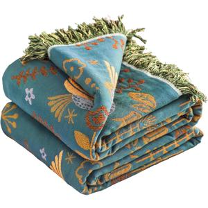 Boho Throw Blanket, 100% Organic Cotton Breathable Ultra Soft 50" x 60" Bed Quilt Throw - Floral Rustic Bird Farmhouse Decor Luxury Reversible Blanket for Sofa Couch Chair and Gift,Teal/Beige