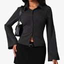 Women Striped Fitted Button Down Shirts Bell Long Sleeve Shirt Office Work Blouse Tops Medium