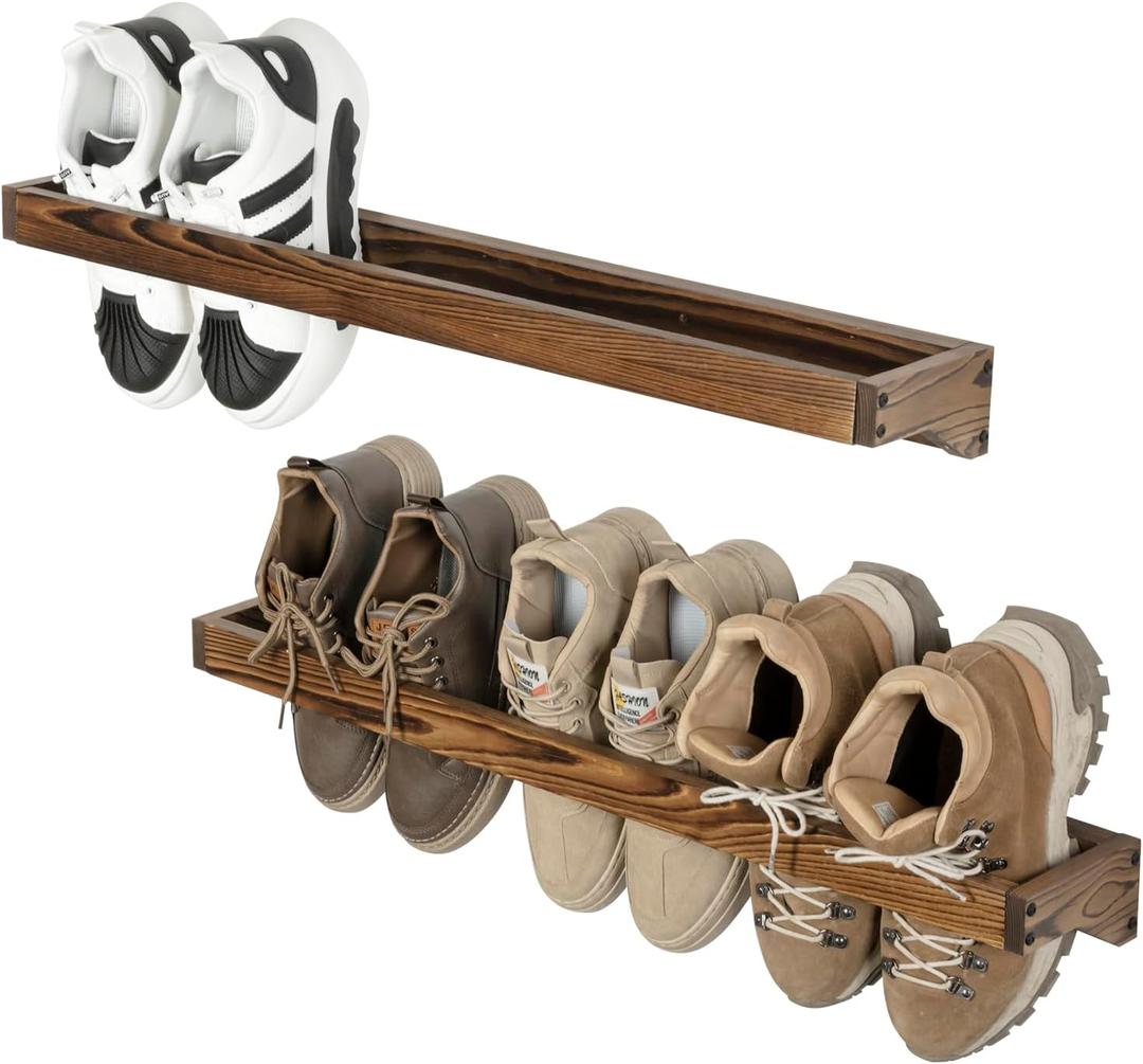 MyGift 30 Inch Rustic Burnt Solid Wood Hanging Shoe Rack, Wall Mounted Storage Organizer Footwear Holder for Closet, Mudroom, Entryway, Holds 6 Pairs, Set of 2