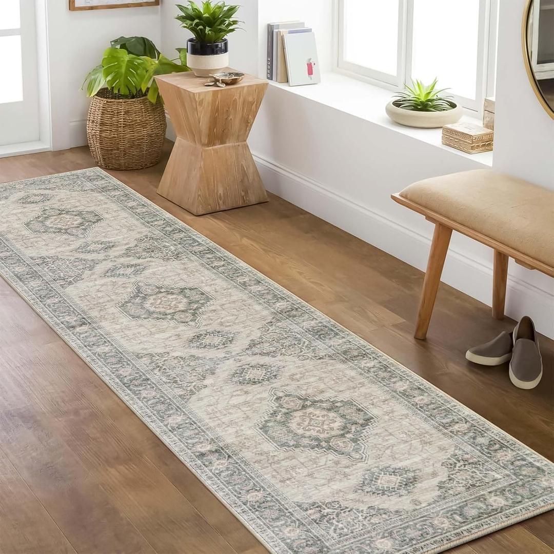 Lahome Oriental Washable Rug Runner, 2x8 Ultra-Thin Hallway Runner Rug with Rubber Backing, Distressed Non Skid Long Carpet for Kitchen Entryway Laundry Room Eleanor, Grey/Brown
