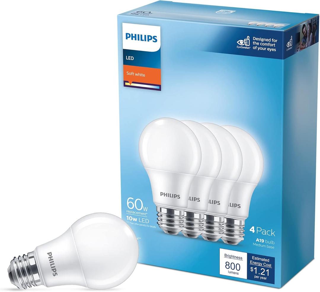 60W A19 4-Pack Basic Soft White (2700K) 800 Lumen (10W = 60W) Frosted Flicker-Free Light Bulbs