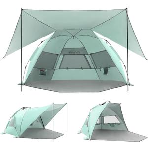 Elegear CumbreX™ Beach Tent with 360° Removable Canopy, 4-6 Person Pop Up Sun Shade Shelter, UPF 50+ Automated Installation Double Silver Coating Portable Lightweight Beach Cabana for Outdoor - Green
