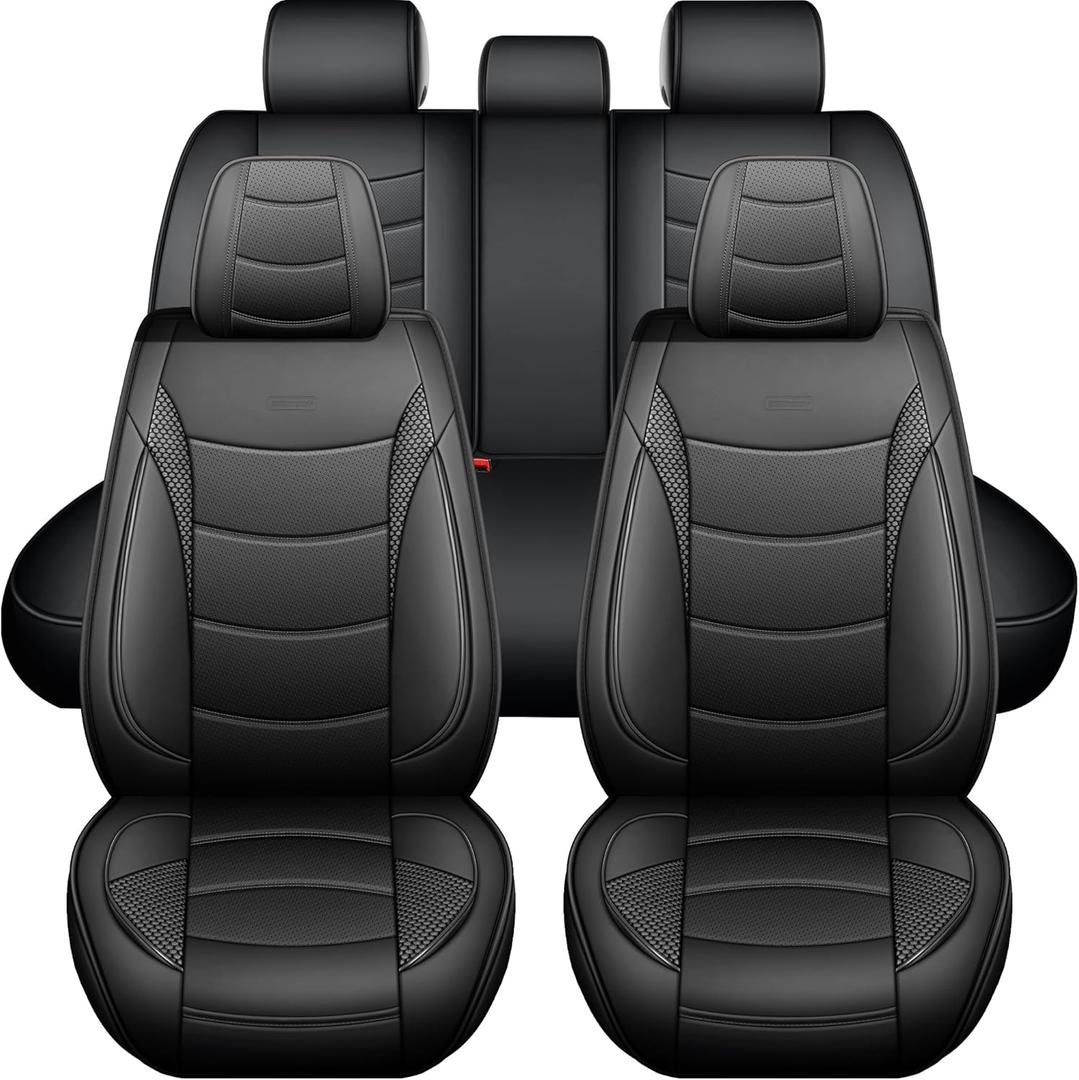Universal Car Seat Covers Full Set | Faux Leather Automotive Seat Covers, Black | Fits Most Cars Black