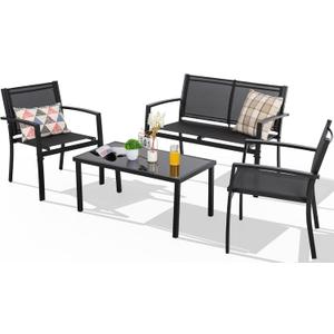 Shintenchi 4 Pieces Patio Furniture Set All Weather Textile Fabric Outdoor Conversation Set, with Glass Coffee Table, Loveseat, 2 Single Chairs for Home, Garden, Lawn, PorchBlack