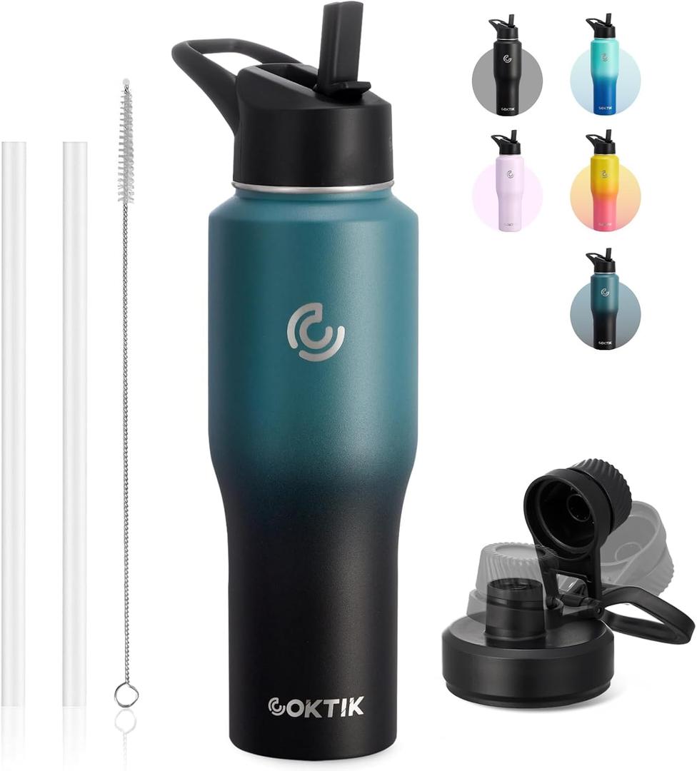 COKTIK Water Bottle Insulated, 32 oz Water Bottles Straw Lid, Spout Lid, Cold for 36 Hrs, Hot for 18 Hrs, Cup Holder Friendly Leakproof(Indigo Crush)