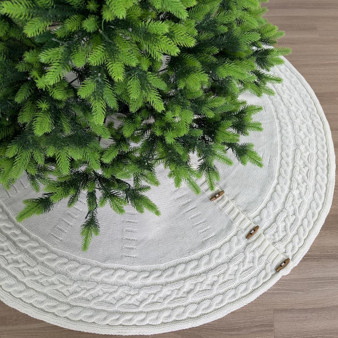 72-Inch Cable Sweater Knit Christmas Tree Skirt with Wooden Toggles, Cream