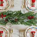 Faux Cedar Christmas Garland with Red Berries & Pine Cones  Full Faux Winter Greenery for Holiday Mantel, Staircase, Doorway, Indoor Outdoor Christmas Dcor (9FT-Deluxe Cedar)