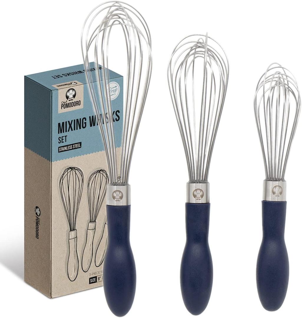 Chef Pomodoro 3-Piece Kitchen Whisk Set, Stainless Steel Whisks for Cooking, Wisk Kitchen Tool, Thick Wire Whisk Set, Wisking Tool for Cooking, Blending, Whisking, Beating and Stirring