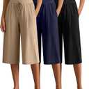 3 Pack Women's Capri Pants, Casual Wide Leg Yoga Pants High Waist Drawstring Cropped Lounge Trousers with Pockets (X-Large, Black, Navy, Khaki)