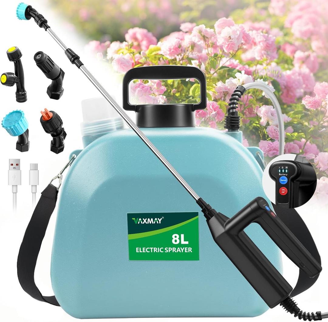 Battery Powered Sprayer 2 Gallon, 2025 Upgrade Electric Sprayer with 3 Adjustable Speed, Battery Indicator, 4 Mist Nozzles, Rechargeable Retractable Wand with Adjustable Shoulder Strap for Lawn Garden (Blue)