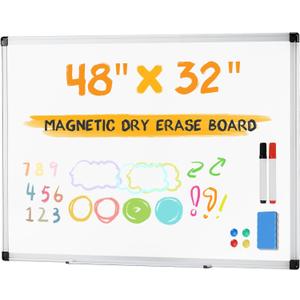 NEWBULIG White Board, 48" x 32" Magnetic Dry Erase Board for Wall with 1 Dry Eraser & 2 Multi-Color Markers & 4 Magnetic Pins, Silver Aluminum Frame for Office, Home, School