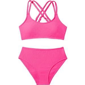 Milumia Girl's 2 Piece Swimsuits Criss Cross Spaghetti Strap Bikini Sets Swimwear Hot Pink, 11Y