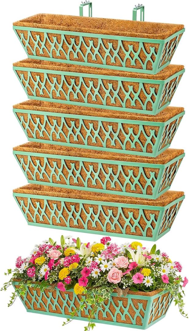 6 Pack 24 Inch Window Boxes Planters Railing Planter Box with Adjustable Brackets for Porch Fence Patio Balcony Hanging Flower Baskets with Coco Liners for Outdoor Garden Decor - Green