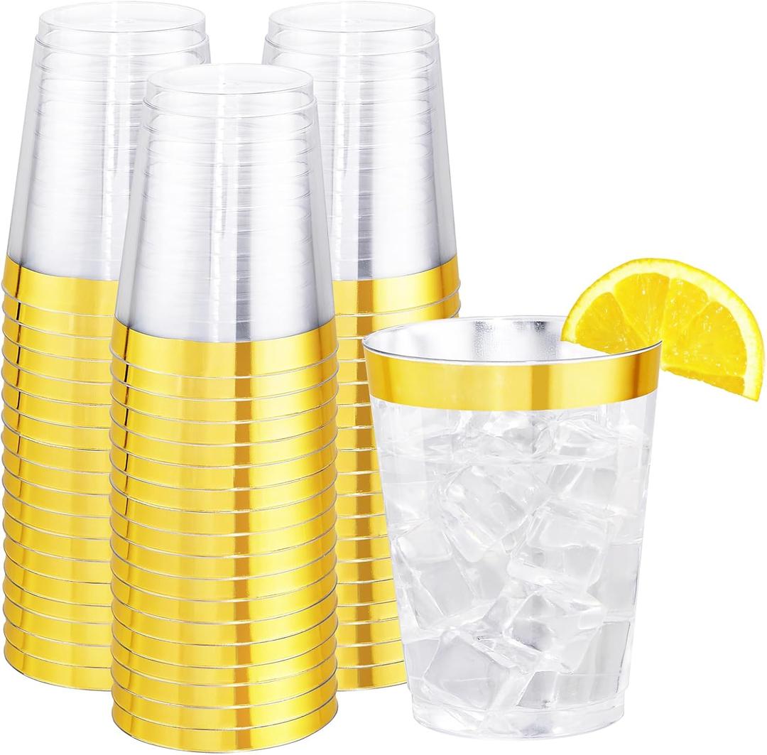 I00000 60PCS Gold Plastic Cups, 10 oz Clear Disposable Cups with Golden Trim, Heavy-Duty Disposable Hard Plastic Wine Glasses Cocktail Glasses Perfect for Wedding & Party (10-Gold-60)