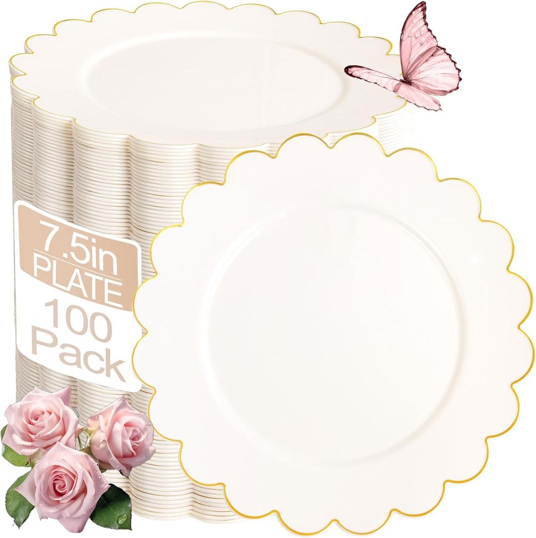 LIYH 100 Pcs Ivory Dessert Plates with Gold Rim- Ivory Plastic Plates 7.5" Disposable Scalloped Fancy Gold Plastic Plate,Baby Shower Cake Plate Party Suitable for Easter Day or Mothers Day