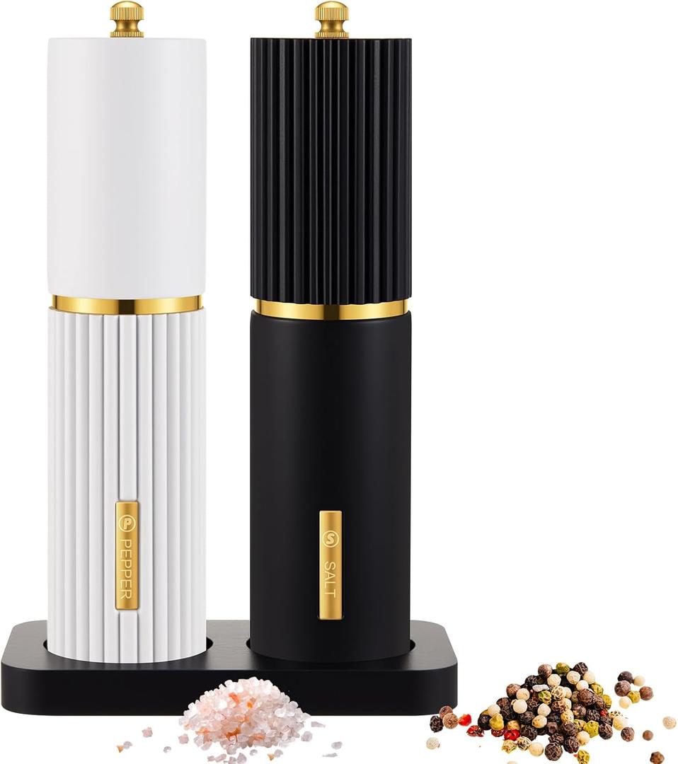 Wooden Salt and Pepper Grinder Set 8 Inch Manual Salt and Pepper Mill with Tray Adjustable Coarseness and Refillable Wood Grinders with Gold Bottle Label for Kitchen Gift(Black,White)