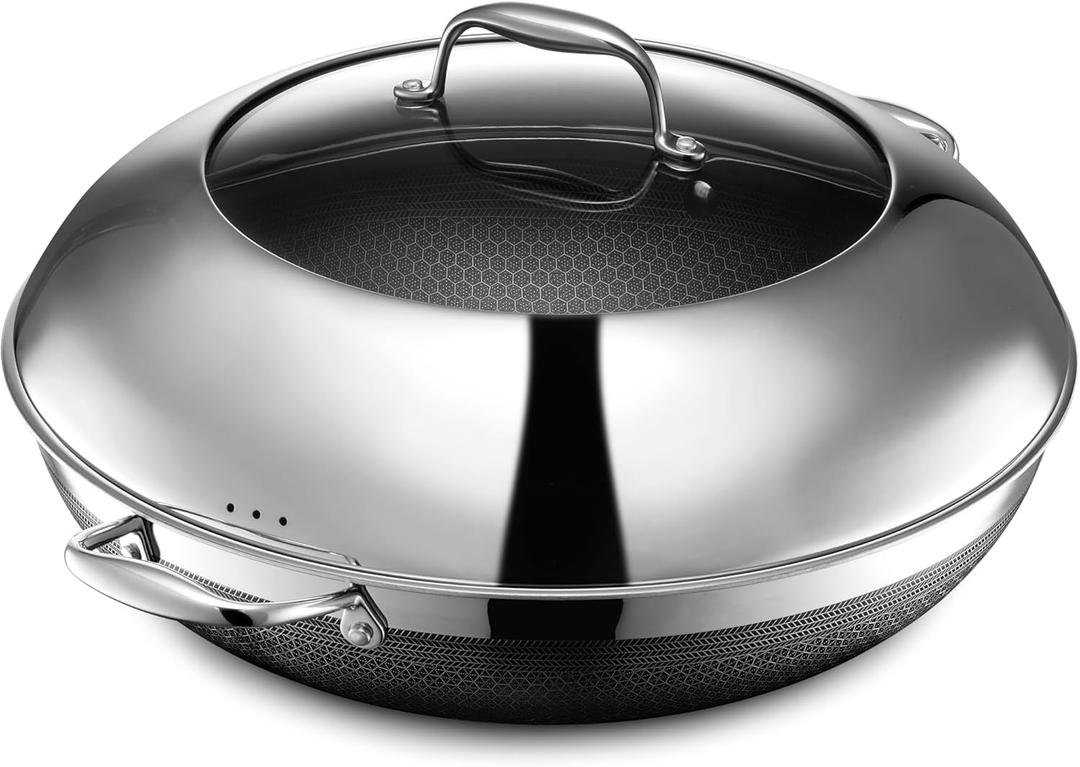 HexClad Hybrid Nonstick 14-Inch Wok with Stainless Steel Lid, Stay-Cool Handles, Dishwasher-Friendly, Oven-Safe Up to 900F, Induction Ready, Compatible with All Cooktops