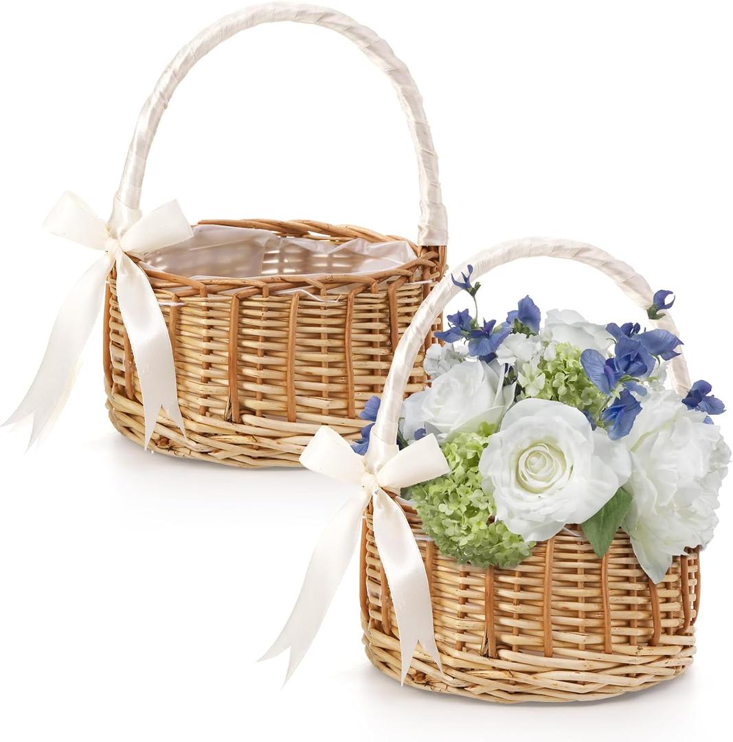 Lyellfe 2 Pack Flower Girl Basket, Handmade Wicker Rattan Basket with Handle Silk Ribbon, Decorative Eggs Candy Basket for Gifts, Wedding, Camping, Home Decor