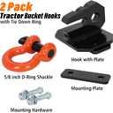 3/8 inch Tractor Bucket Grab Hook with 5/8 inch Tie Down D-Ring Shackle 2 Pack, Bolt-On Tow Hook Mount with Bracket Plate, Max 10,000 lbs Capacity (Black & Orange)