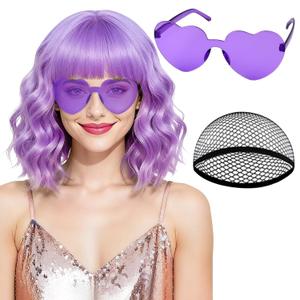 PLULON Light Purple Wavy Bob Wigs with Bangs Heart Sunglasses Hair Cap for Women, Colored Synthetic Hair Short Bob Loose Curly Shoulder Length Wigs for Costume Bachelorette Party Music Festival