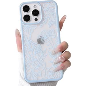 NITITOP Compatible with iPhone 16 Pro Case Clear Cute Line Rose Flower Floral Pattern for Women Girls Color Frame Slim Shockproof Protective Phone Cover - Blue