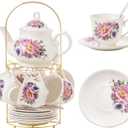 20-Pieces Tea Set For Adult with Golden Metal Rack,Porcelain Tea Sets For Women,Tea Gift Sets for Home&Party(K018)