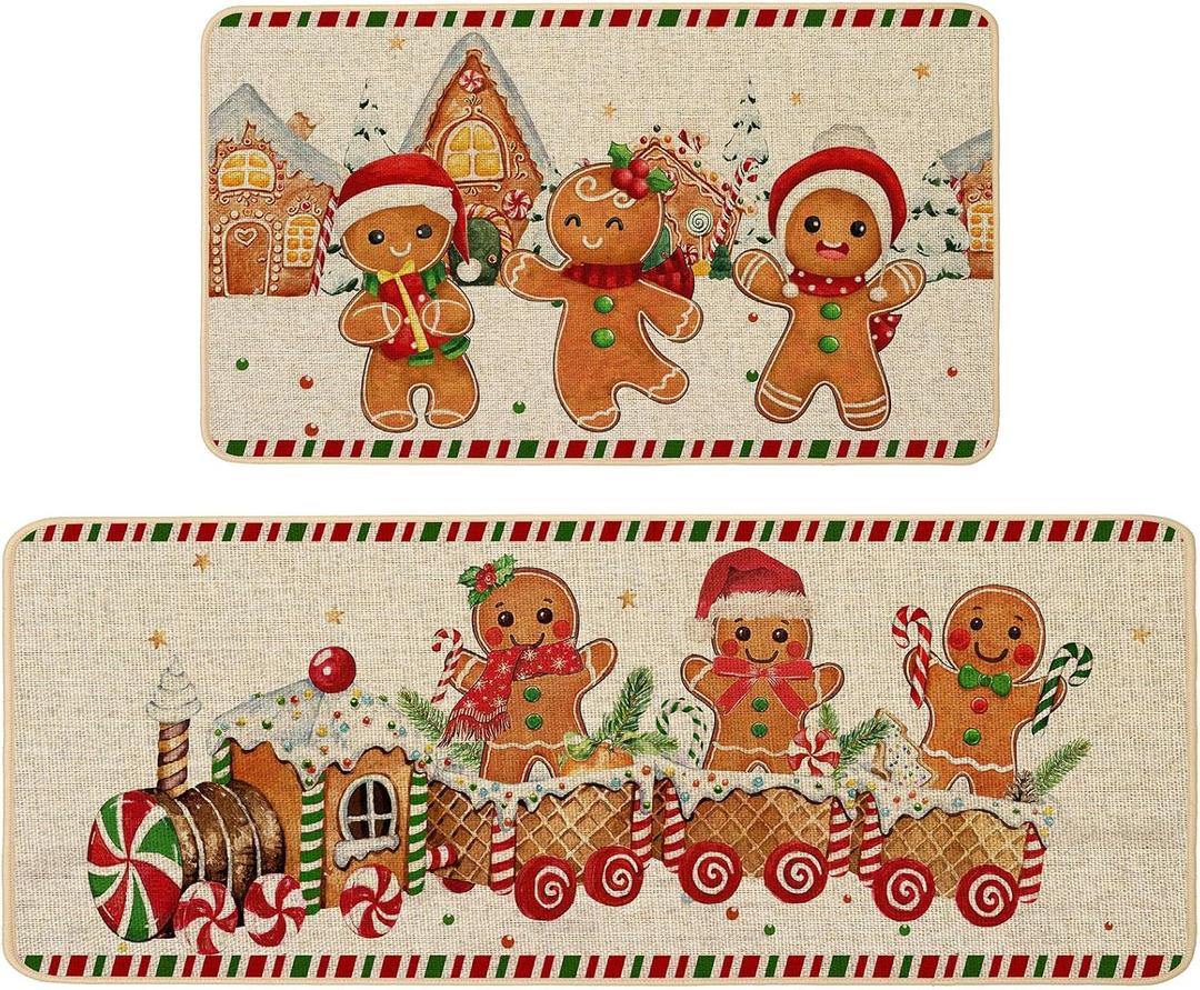 Baccessor Christmas Kitchen Rugs Set of 2, Gingerbread Candy Cane Kitchen Mats for Floor Hallway Laundry Sink Low-Profile Winter Holiday Home Decor 17x29 and 17x47 Inch
