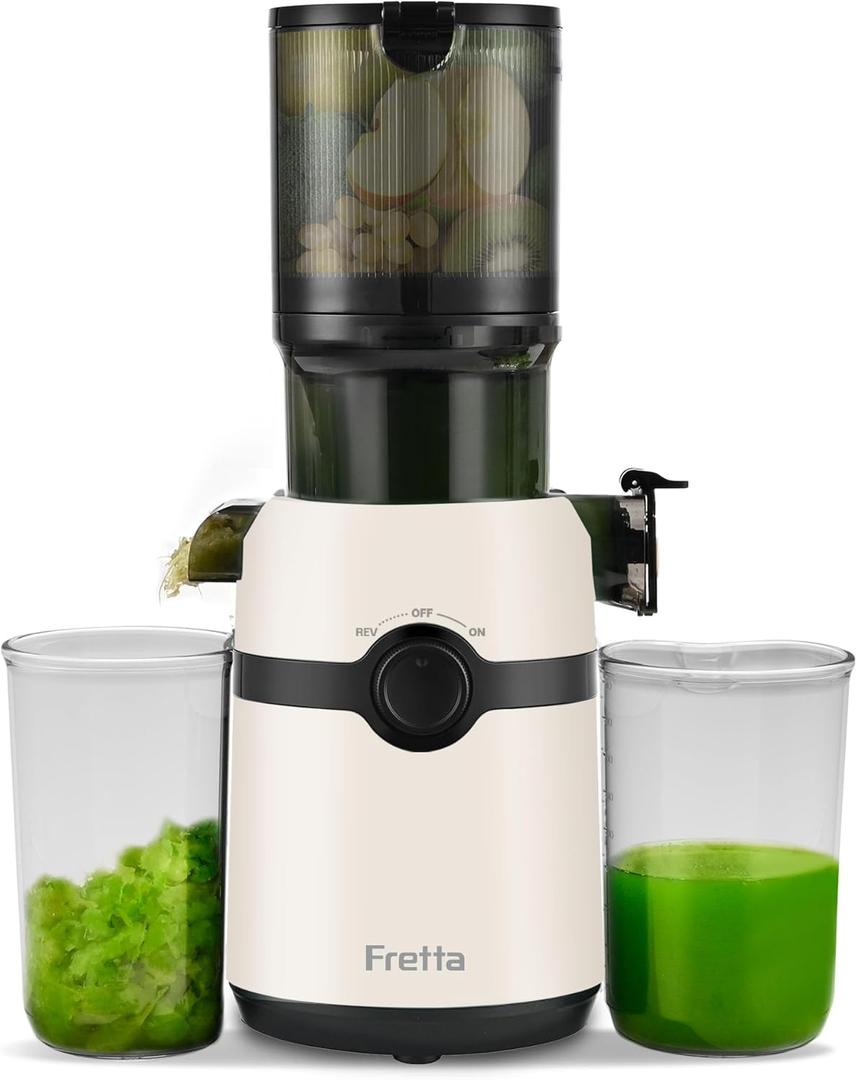 Cold Press Juicer Machines,Fretta Slow Masticating Juicer Machines with 4.25" Large Feed Chute,Fit Whole Fruits & Vegetables Easy Clean Self Feeding,High Juice Yield,BPA Free (White)