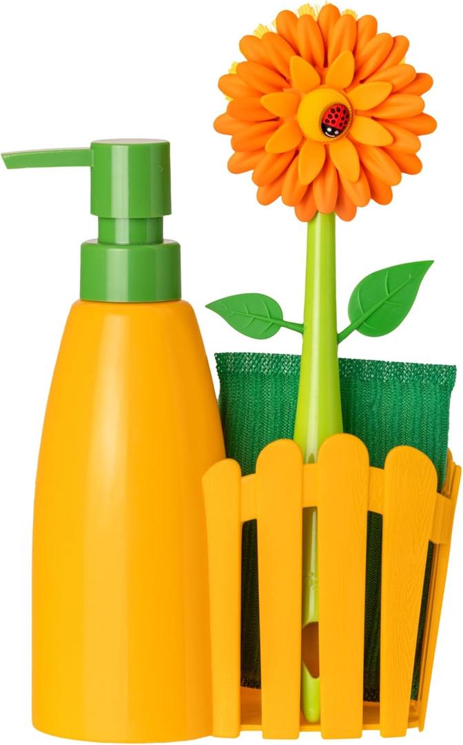 Vigar Flower Power Kitchen Soap Dispenser Set, Dish Soap Dispenser with Sponge Caddy and Dish Brush, Perfect Kitchen Sink Caddy, Orange, Green (Orange, Green)