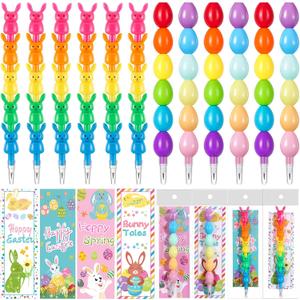 MotiMind 24 Pieces Easter Party Favors Stackable Pencils for Kid, 12 Bunny Egg Stacking Pencils with 12 Card Rabbit Pencil for Easter Basket Goodie Bag Stuffers Egg Hunt School Student Reward Gift