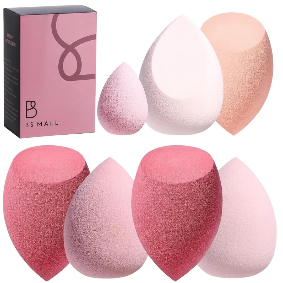 Makeup Sponge Set BS-MALL with Storage Case 7 Pcs for Liquid, Cream, and Powder, SAVE Foundation with 1 Mini Makeup Sponge For Travel Daily Use (A-Pink）