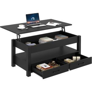Rolanstar Coffee Table, 47.2" Lift Top Coffee Table with Drawers and Hidden Compartment, Retro Central Table with Wooden Lift Tabletop, for Living Room,Black
