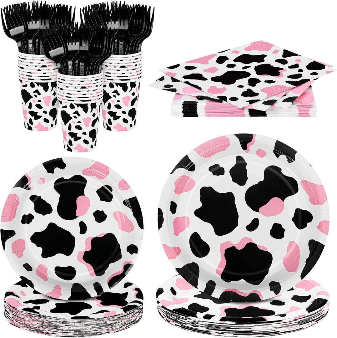 durony 144 Pieces Pink Cow Print Party Tableware Set Including Cowgirl Pink Cow Party Plates Cups Napkins Forks Serves 24 for Baby Shower Farm Cow Party Decorations