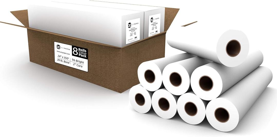8 ROLLS VALUE PACK. Plotter Paper 24 x 150, CAD Paper Rolls, 20 lb. Bond Paper on 2" Core for CAD Printing on Wide Format Ink Jet Printers, from ACYPAPER