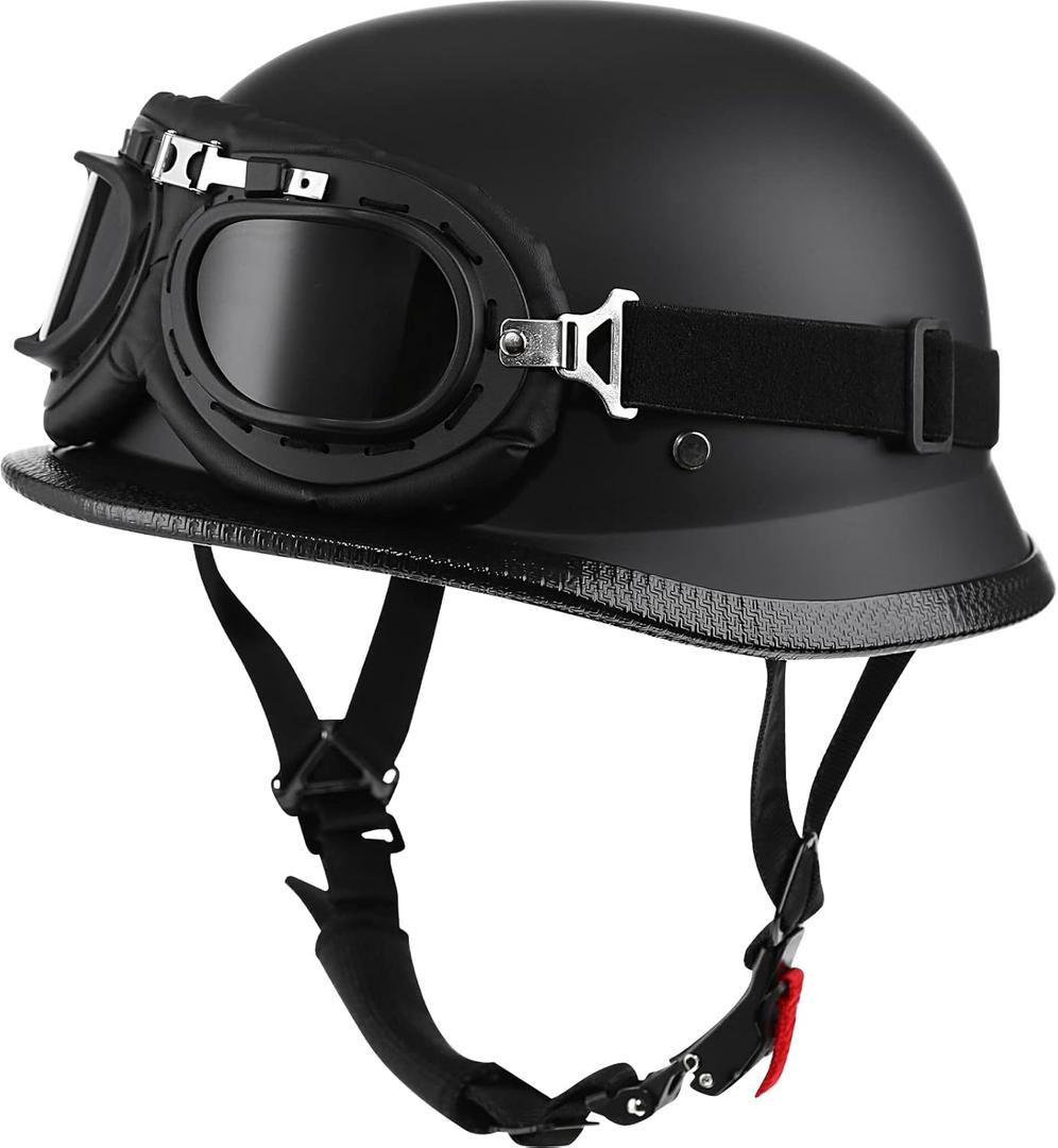 Helmet Half Shell German Motorcycle Helmet with Cycling Glasses - DOT Approved (Large, Matte Black)