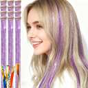 Light Purple Violet Lavender Clip in Hair Tinsel,70 Strands Per Piece, 23 Inches, Heat Resistant Glitter Hair Extension, Includes Comb Hair Bow for Women for Party Cosplay Daily