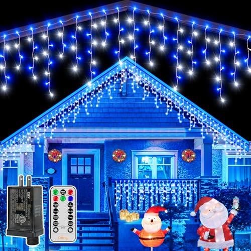 Ollny Icicle Lights for Outside 504LED 41FT, Blue and White Christmas Light with Remote 8Modes Timers Waterproof, Plug in Connectable Hanging Lights for Outdoor Indoor House Roof Holiday