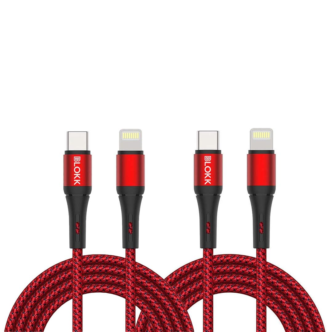 BLOKK 3ft USB C to Lightning Cable, 2-Pack - Red Nylon iPhone Charger - Fast Charging Cord Compatible with iPhone, iPad, and AirPods