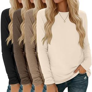 4 Pack Women' Long Sleeve Shirts Tops Casual Loose Fit Crew Neck Basic Tee Fashionable Workout Layer Fall Outfit, Size Medium