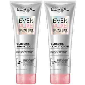 L'Oreal Paris Glossing Sulfate Free Shampoo and Conditioner Set with Glycolic Acid, Hair Care for Lasting Shine and Smoothness for Dull, Dry Hair, EverPure, 1 Kit