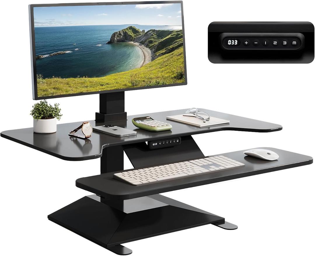 Electric Standing Desk Converter 36" Wide, Height Adjustable Desk Riser, Computer Workstation, Sit-Stand Convertor for Home, Office, School (Black, 1 Arm Included)