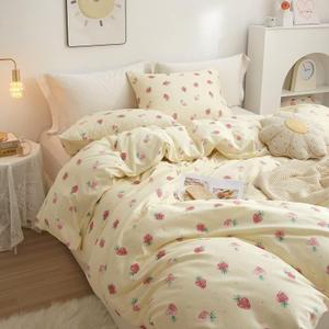Cute Strawberry Duvet Cover Twin XL Kids Girls Kawaii Bedding Set 100% Cotton Fruits Strawberry Comforter Cover Teen Children Bedroom Decor Cream Strawberry Twin XL Duvet Cover wirh Zipper Ties (Twin XL (68"x90"), B# Kawaii Strawberry)