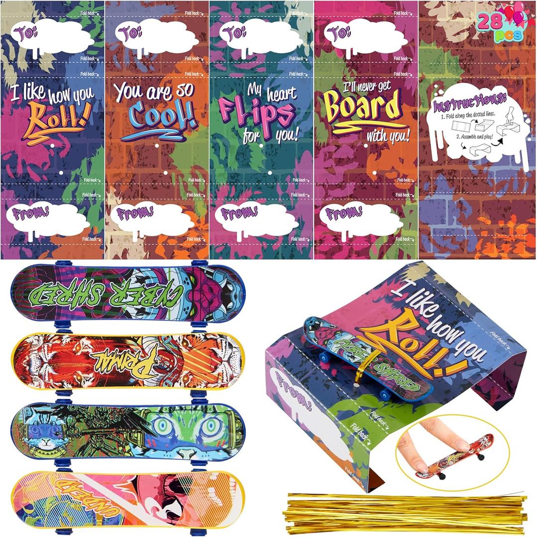 JOYIN 28 Pcs Valentines Day Finger Skateboards with Cards for Kids, Valentine Party Favor, Greeting Cards, Classroom Exchange Prizes, Holiday Reward Gifts, Finger Skateboard Toys
