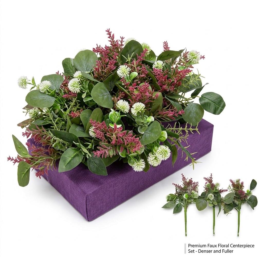 Artificial Floral Centerpiece Set with Purple Base Block – 11-Piece Faux Greenery & Pink Flower Picks for Home Table Decor