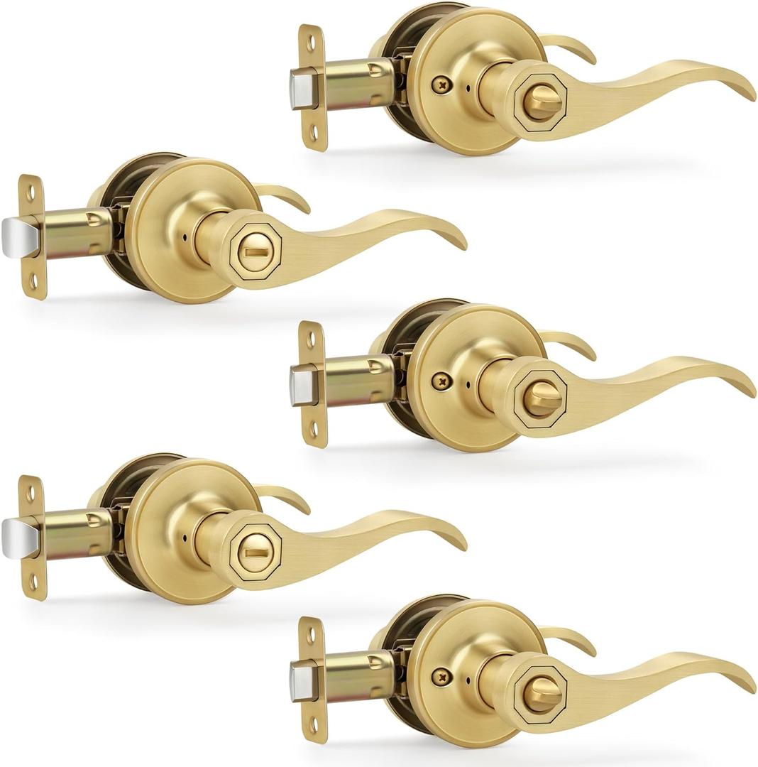 Moquin Privacy Wavy Style Gold Door Handles with Lock (No Key), Brushed Gold Door Handles with Reversible Lever for Bathroom and Closet, Satin Brass, 5 Pack