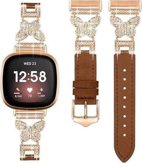 Shesyuki Leather Bands Compatible With Fitbit Versa 4/3 and Sense 2 - Slim Thin Dressy Watch Strap With Bling Butterfly Metal Buckle for Women